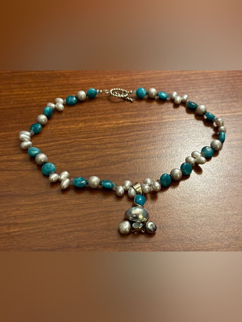 Handcrafted Turquoise & Genuine Pearl Pendant Necklace